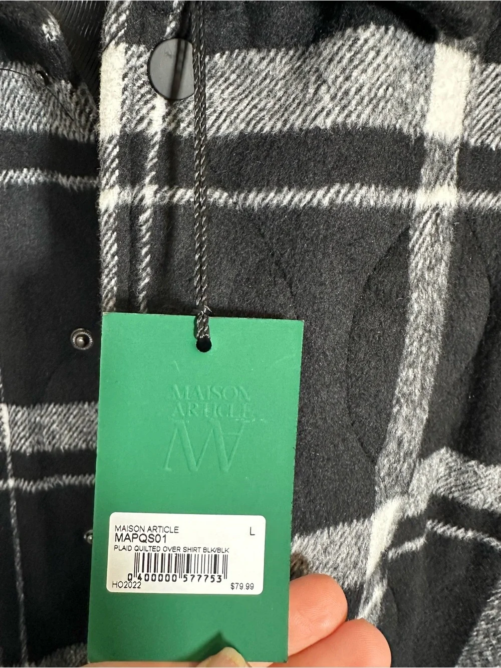 MAISON ARTICLE Quilted Plaid Overshirt - Black & White, NWT, Large